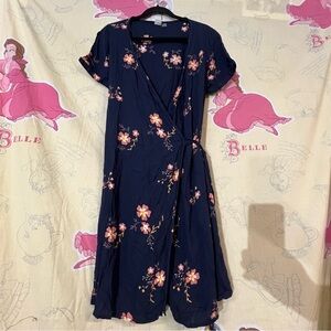 Roxy Navy Wrap Midi Dress with Pink Floral Design